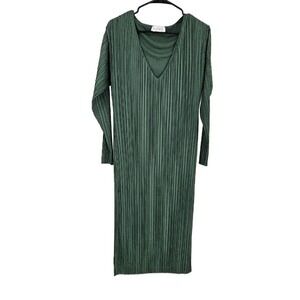 Esthe Sheath Dress Green Pleated Relaxed Fit V-Neck Long Sleeve Midi Size S